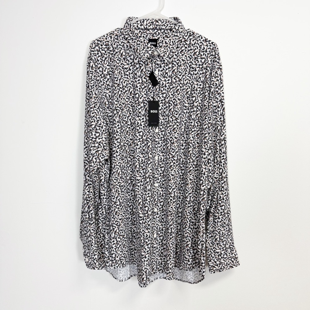 BOSS Performance Shirt Mens 5XL Black Tan White Abstract Button Up Long Sleeve